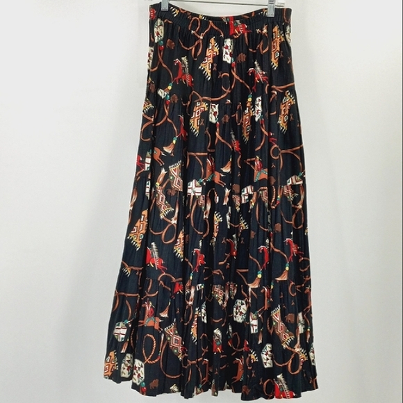 VINTAGE Circle T Native American Indian Chief Tribal Print Tiered Maxi Skirt M - Picture 9 of 13